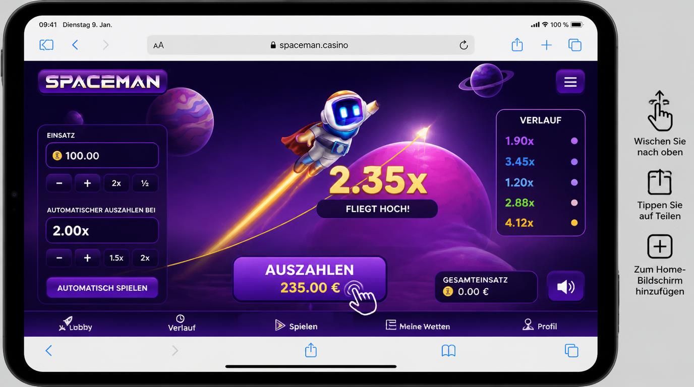 Ein iPhone zeigt Spaceman im mobilen Safari mit Option „Zum Home-Bildschirm hinzufügen“