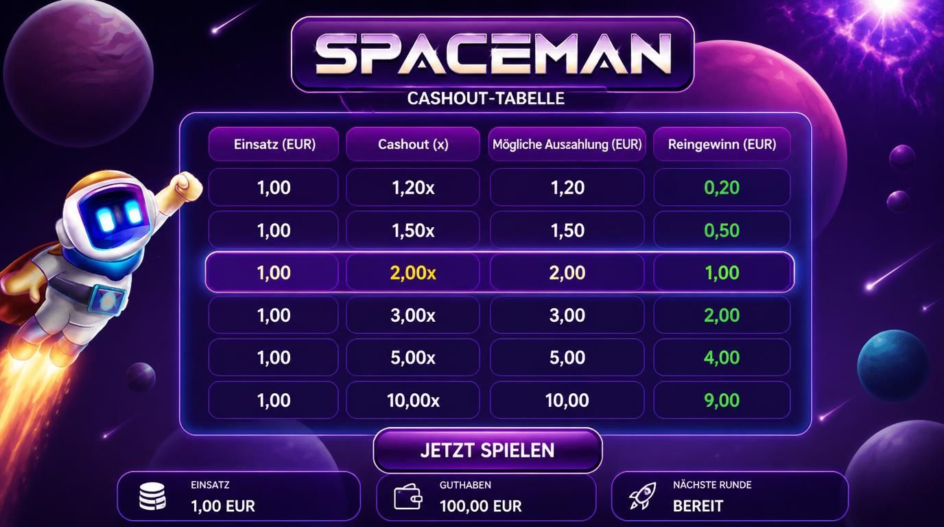 Tabelle mit Einsatz und Cashout-Faktoren